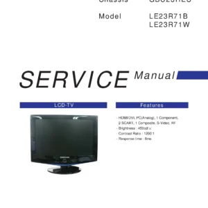 Samsung le23r71w service manual cover with photo of the television, model type and code and manual contents
