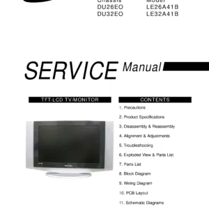 Samsung le26a41b service manual cover with photo of the television, model type and code and manual contents