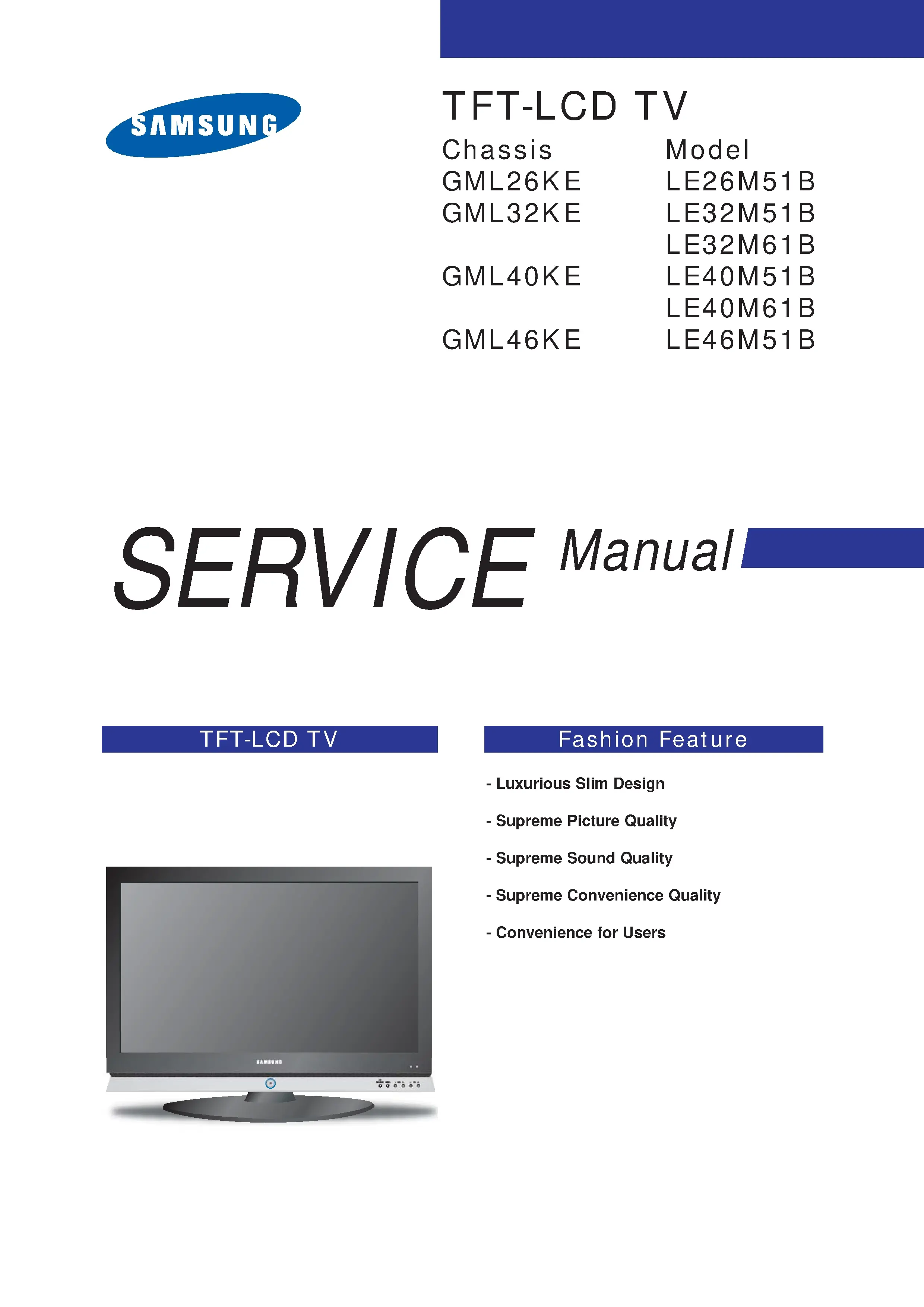 Samsung le26m51b service manual cover with photo of the television, model type and code and manual contents