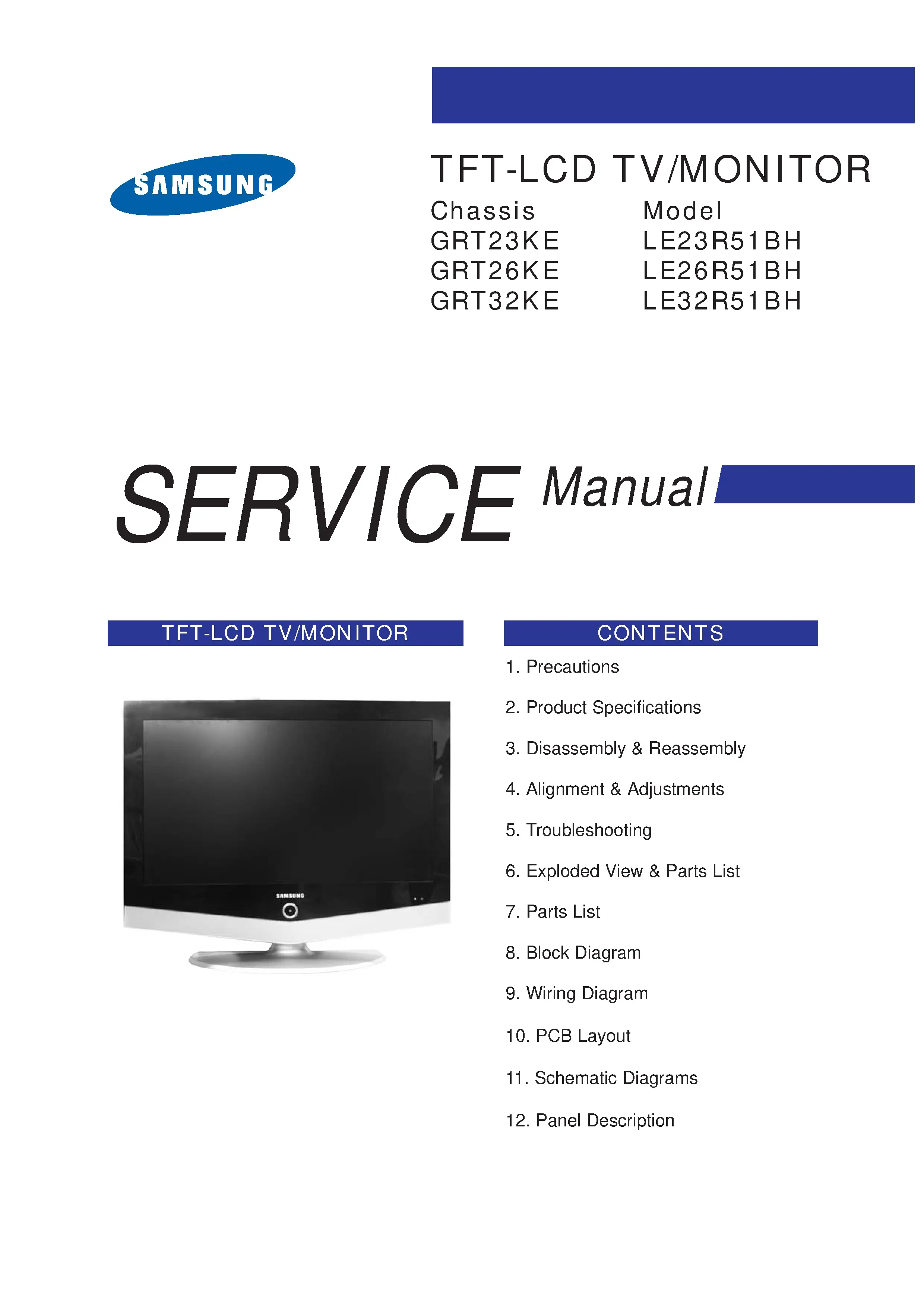 Samsung le26r51bh service manual cover with photo of the television, model type and code and manual contents