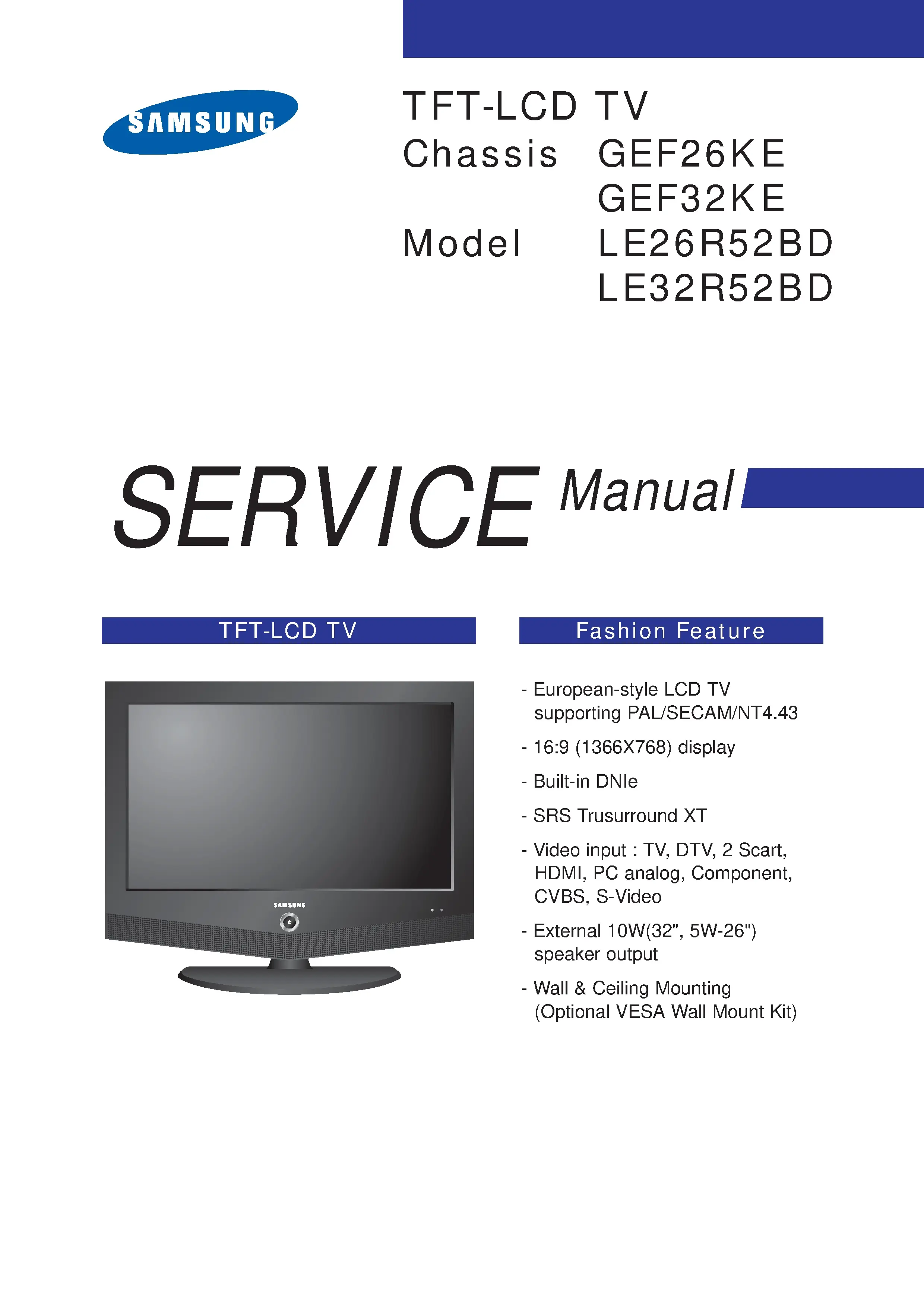 Samsung le26r52bd service manual cover with photo of the television, model type and code and manual contents