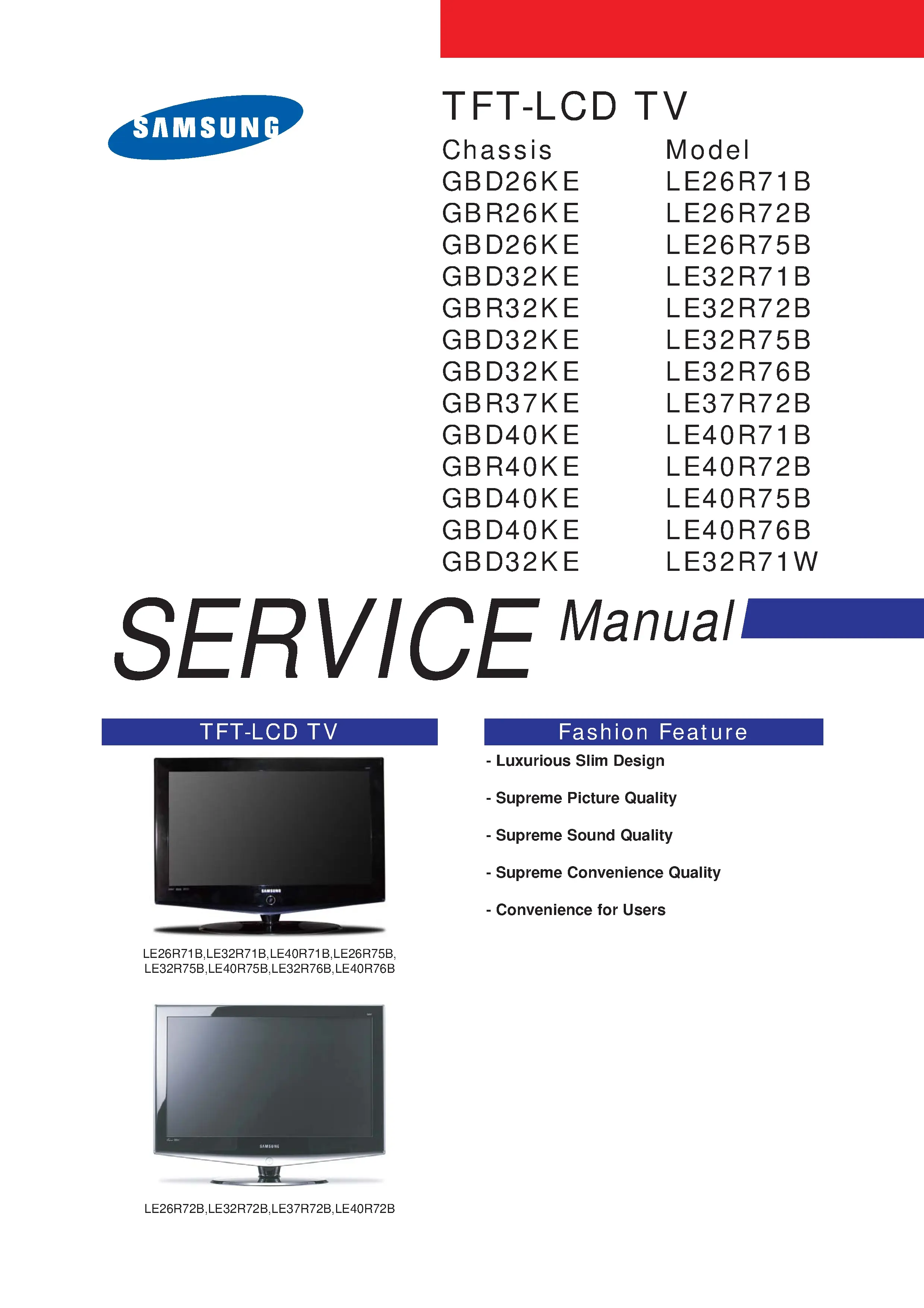 Samsung le26r71bh service manual cover with photo of the television, model type and code and manual contents
