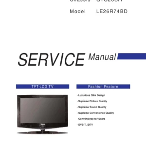 Samsung le26r73bd service manual cover with photo of the television, model type and code and manual contents