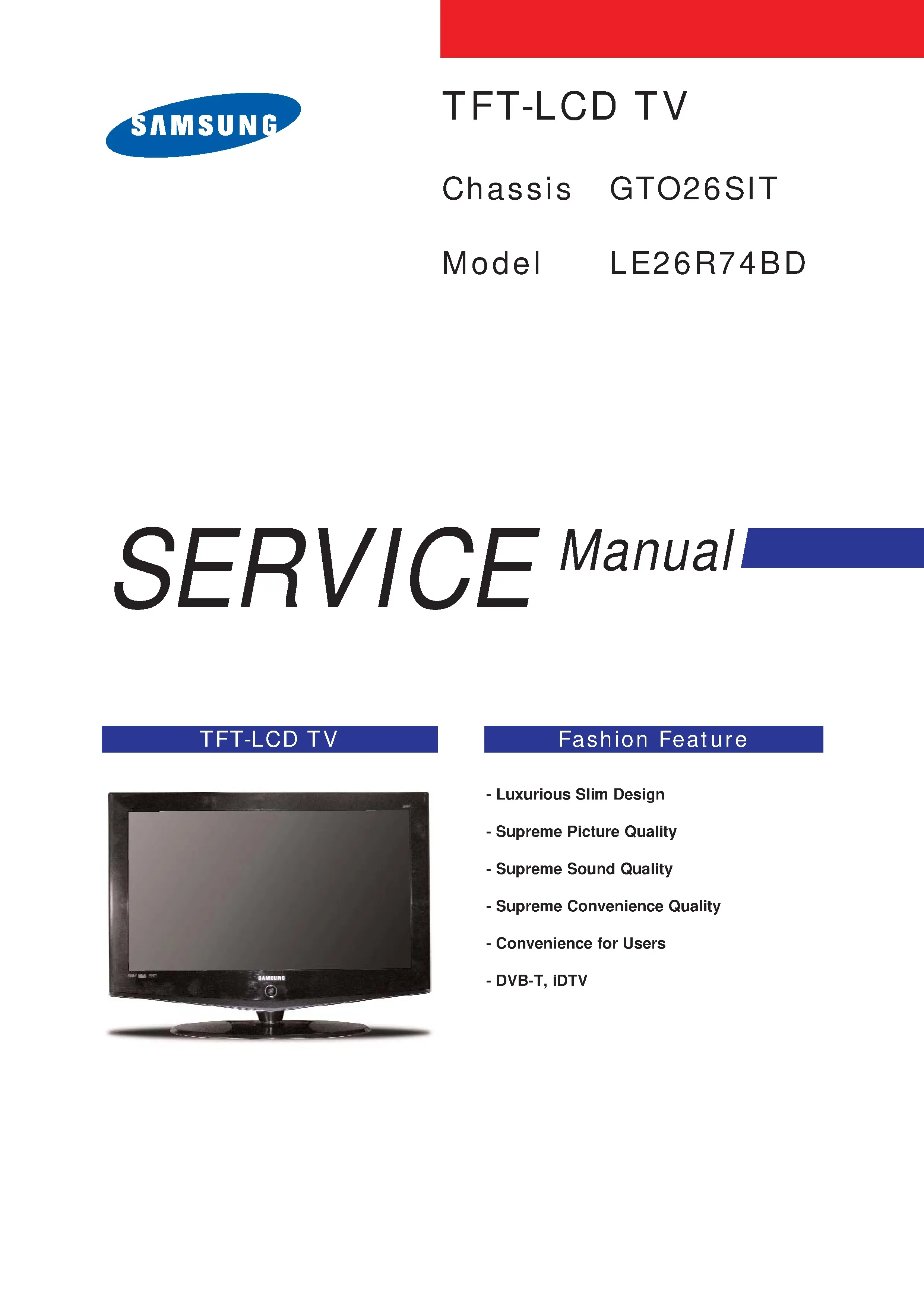Samsung le26r73bd service manual cover with photo of the television, model type and code and manual contents
