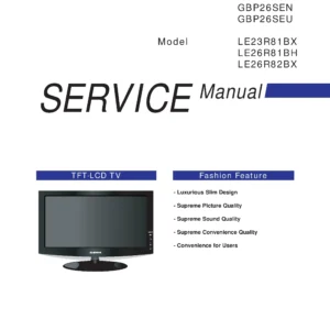 Samsung le26r81bh service manual cover with photo of the television, model type and code and manual contents