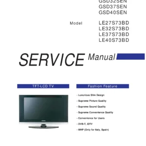 Samsung le27s73bd service manual cover with photo of the television, model type and code and manual contents