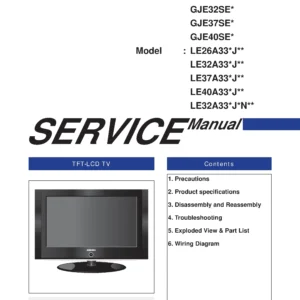 Samsung le32a336j1d service manual cover with photo of the television, model type and code and manual contents