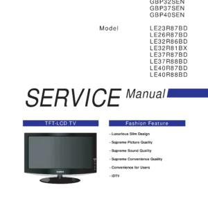 Samsung le37r87bd service manual cover with photo of the television, model type and code and manual contents