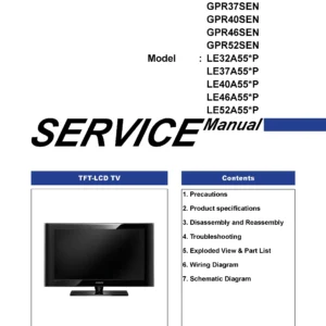Samsung le52a557p2f service manual cover with photo of the television, model type and code and manual contents