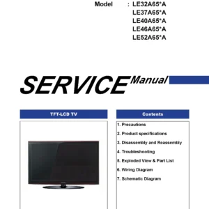 Samsung le52a656a1f service manual cover with photo of the television, model type and code and manual contents