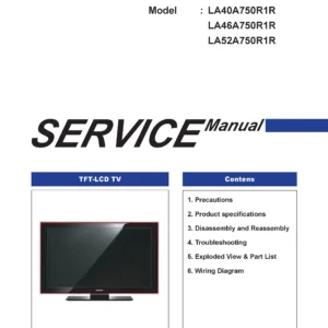 Samsung le52a856s1m service manual cover with photo of the television, model type and code and manual contents