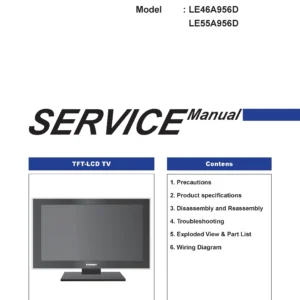 Samsung le55a956d1m service manual cover with photo of the television, model type and code and manual contents