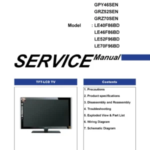 Samsung le70f96bd service manual cover with photo of the television, model type and code and manual contents