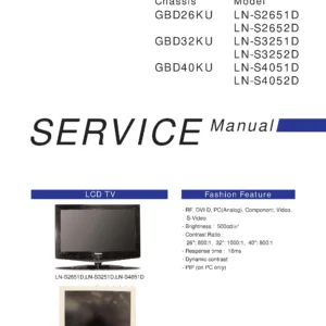Samsung ln s3251d s3252d service manual cover with photo of the television, model type and code and manual contents