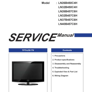 Samsung ln26 32 37 40b450c4h 457c6h service manual cover with photo of the television, model type and code and manual contents