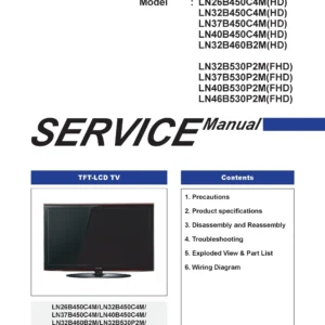 Samsung ln26 32 37 ln 40b450c4m ln32b460b2m service manual cover with photo of the television, model type and code and manual contents