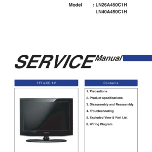 Samsung ln26a450c1h ln40a450c1h service manual cover with photo of the television, model type and code and manual contents