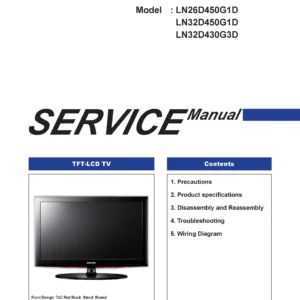 Samsung ln26d450g1d ln32d450g1d ln32d430g3d service manual cover with photo of the television, model type and code and manual contents