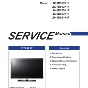 Samsung ln32d550k1f service manual cover with photo of the television, model type and code and manual contents