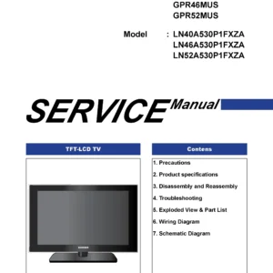 Samsung ln40a530p1fxza ln46a530p1fxza ln52a530p1fxza service manual cover with photo of the television, model type and code and manual contents