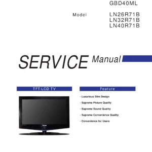 Samsung ln40r71b service manual cover with photo of the television, model type and code and manual contents