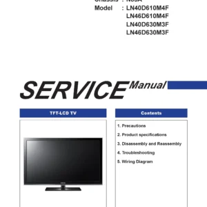 Samsung ln46d610m4f ln40d610m4f ln46d630m3f ln40d630m3f service manual cover with photo of the television, model type and code and manual contents