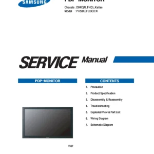 Samsung ph50klflbc service manual cover with photo of the television, model type and code and manual contents
