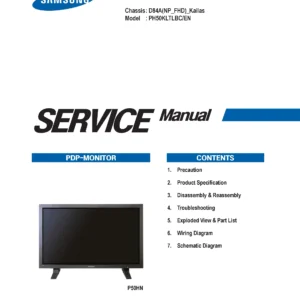 Samsung ph50kltlbc service manual cover with photo of the television, model type and code and manual contents