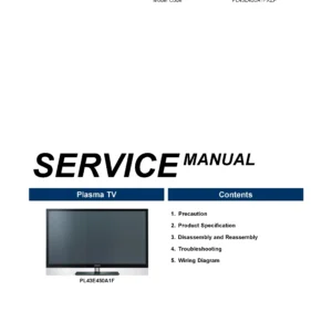 Samsung pl43e450a1f service manual cover with photo of the television, model type and code and manual contents