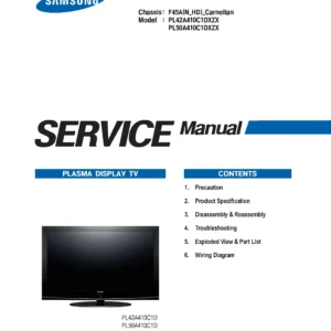 Samsung pl50a410c1d pl42a410c1d service manual cover with photo of the television, model type and code and manual contents