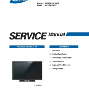 Samsung pl50b450b1 pl50b450b1xzl service manual cover with photo of the television, model type and code and manual contents