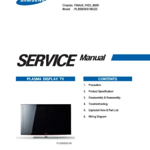 Samsung pl50b650s1m pl50b650s1mxzd service manual cover with photo of the television, model type and code and manual contents