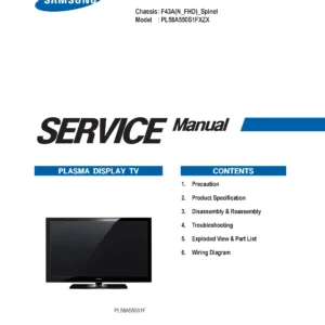 Samsung pl58a550s1f pl58a550s1fxzx service manual cover with photo of the television, model type and code and manual contents