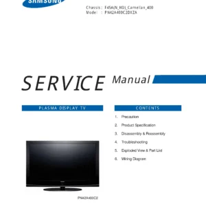 Samsung pn42a400 pn42a400c2d pn42a400c2dxza service manual cover with photo of the television, model type and code and manual contents