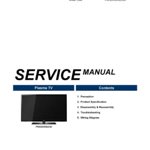 Samsung pn43d430 pn43d430a3d service manual cover with photo of the television, model type and code and manual contents