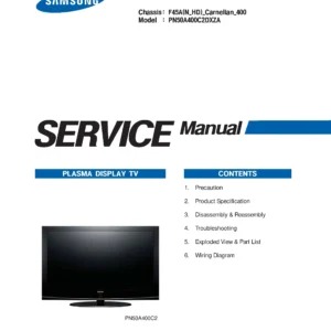 Samsung pn50a400 pn50a400c2d service manual cover with photo of the television, model type and code and manual contents