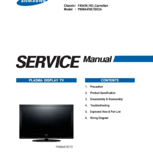 Samsung pn50a410 pn50a410c1d service manual cover with photo of the television, model type and code and manual contents