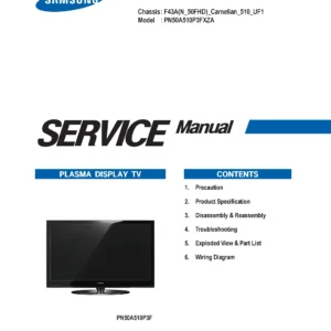 Samsung pn50a510 pn50a510p3f service manual cover with photo of the television, model type and code and manual contents