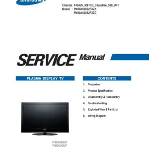 Samsung pn50a530 pn50a530s2f service manual cover with photo of the television, model type and code and manual contents