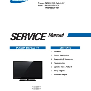 Samsung pn50a550 pn50a550s1f service manual cover with photo of the television, model type and code and manual contents