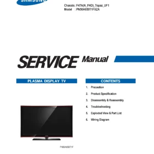Samsung pn50a650 pn50a650t1f service manual cover with photo of the television, model type and code and manual contents
