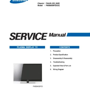 Samsung pn50b430 pn50b430p2d service manual cover with photo of the television, model type and code and manual contents
