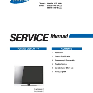 Samsung pn50b450 pn50b450b1d service manual cover with photo of the television, model type and code and manual contents