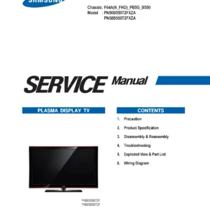 Samsung pn50b550 pn50b550t2f service manual cover with photo of the television, model type and code and manual contents