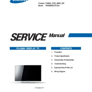 Samsung pn50b860 pn50b860y2f service manual cover with photo of the television, model type and code and manual contents