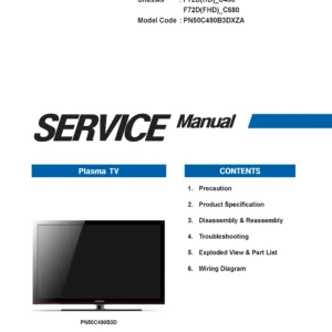 Samsung pn50c490 pn50c490b3d service manual cover with photo of the television, model type and code and manual contents
