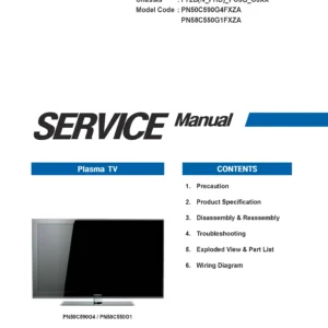 Samsung pn50c590 pn50c590g4f service manual cover with photo of the television, model type and code and manual contents