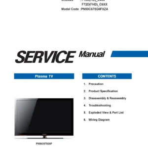 Samsung pn50c675 pn50c675g6f service manual cover with photo of the television, model type and code and manual contents