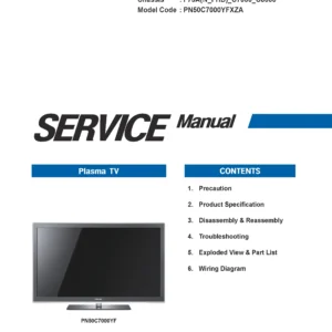 Samsung pn50c7000 pn50c7000yf service manual cover with photo of the television, model type and code and manual contents