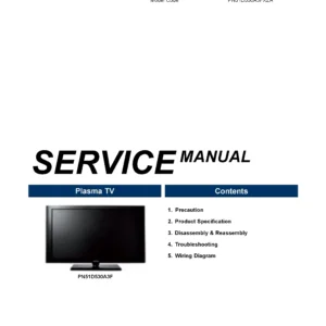 Samsung pn51d530 pn51d530a3f service manual cover with photo of the television, model type and code and manual contents
